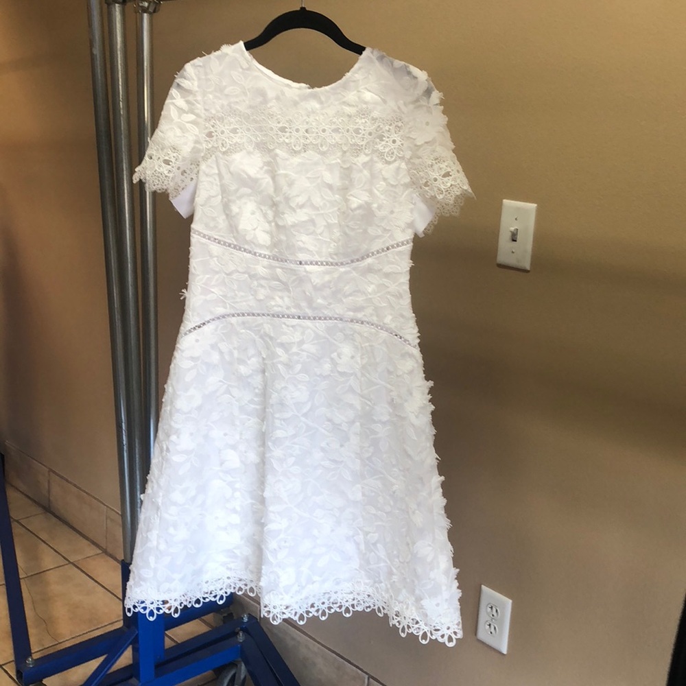 A white Ellie Tahari knee length dress.